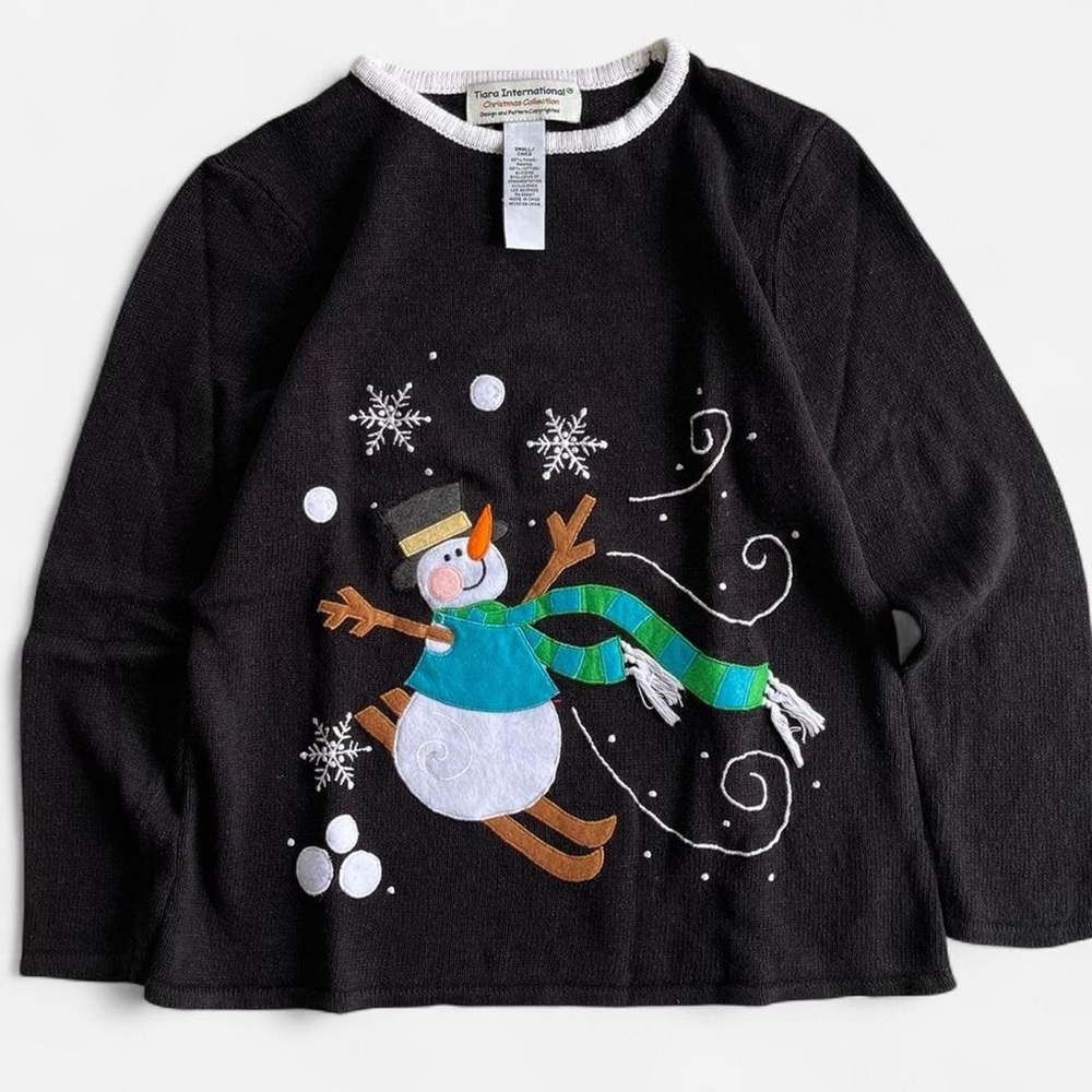 Tiara International Christmas Black Knit Sweater Blouse Embroidered Snowman